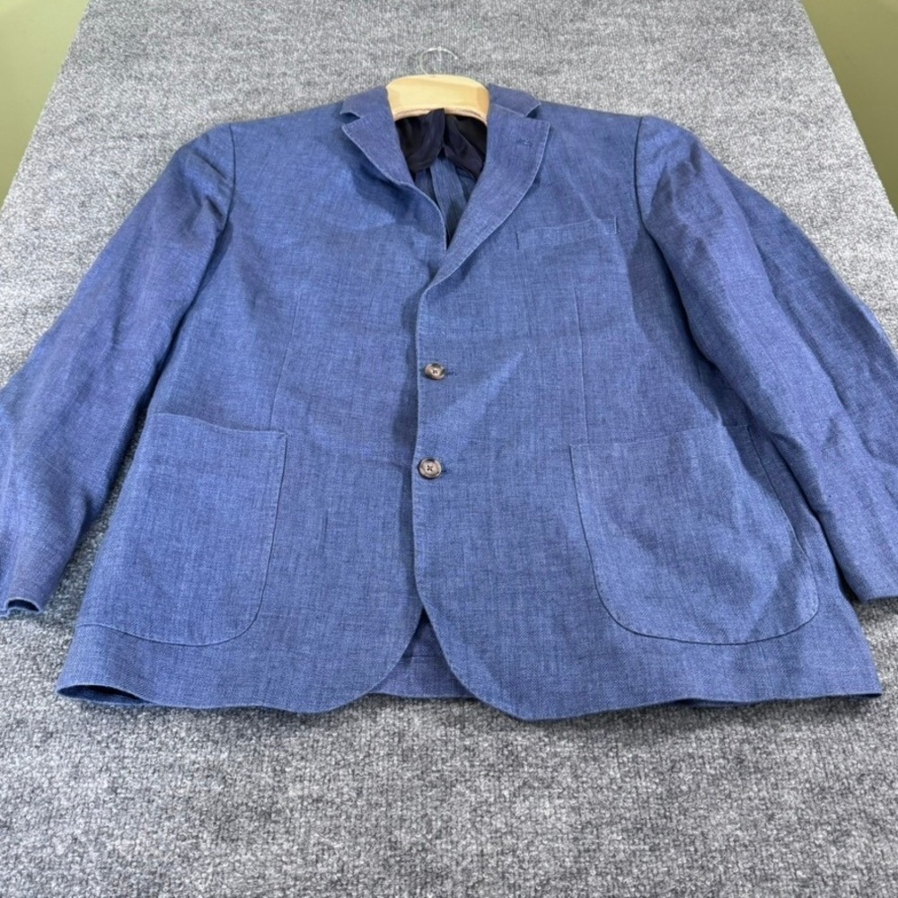 VTG Brooks Brothers Sport Coat Mens 46R Blazer Linen Classic Blue Herringbone